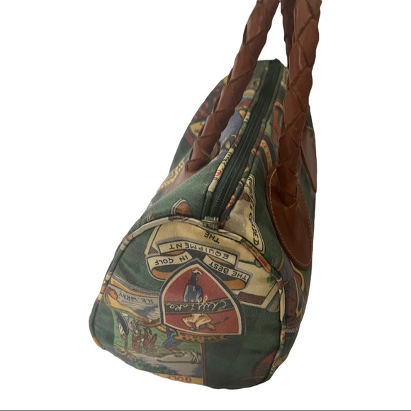 Vtg Nordic House Design Novelty Golf Theme Braided Leather Handles Trim SATCHEL - Picture 3 of 13